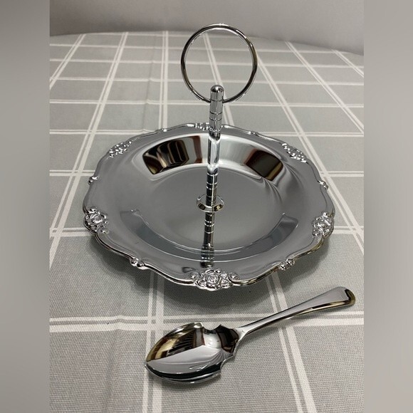 NOS Vintage Chrome Serving Tray Detachable Handle Serving Spoon Original Box - Picture 3 of 6